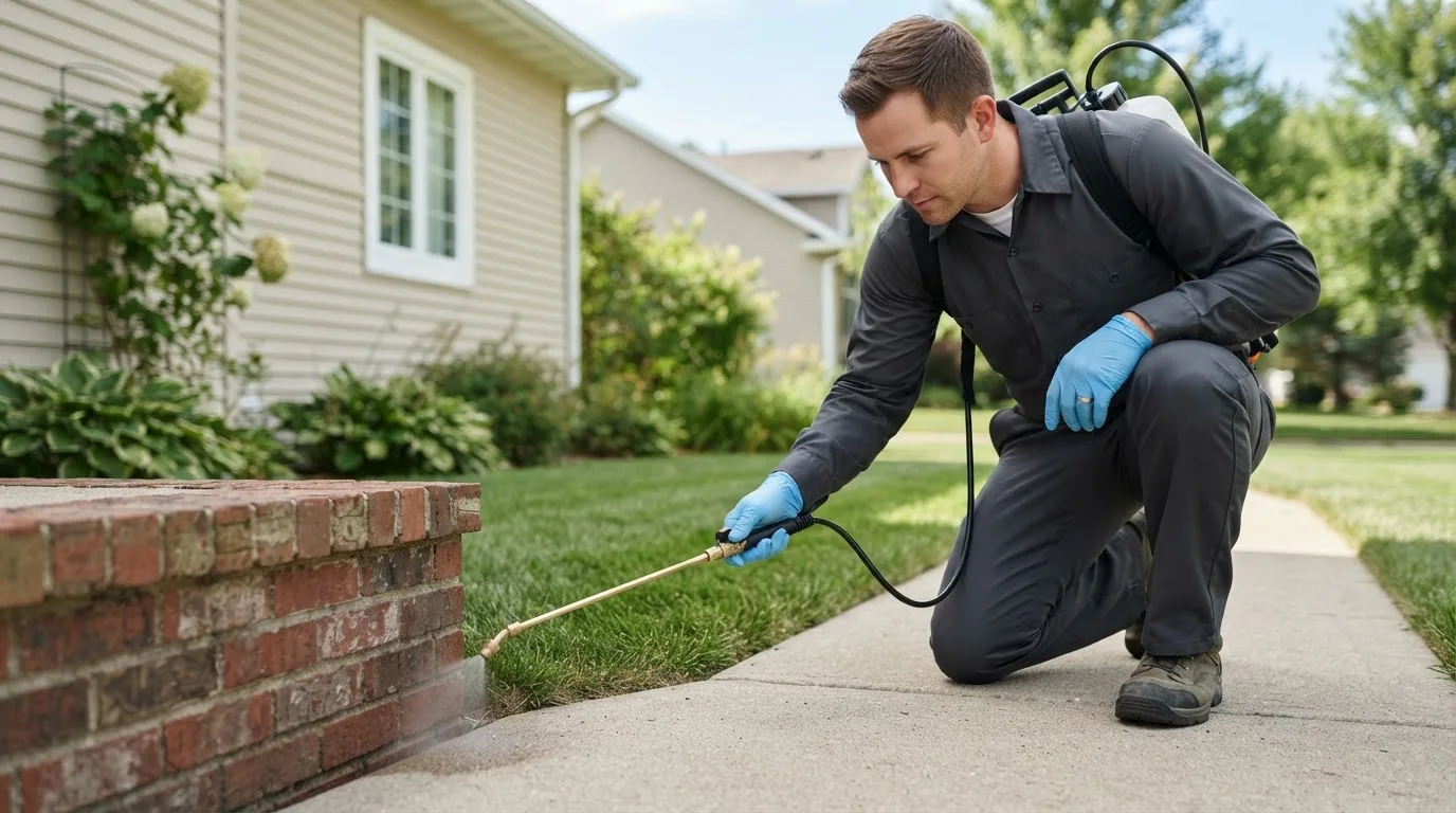 Pest control technician treating a home near Peggy, TX