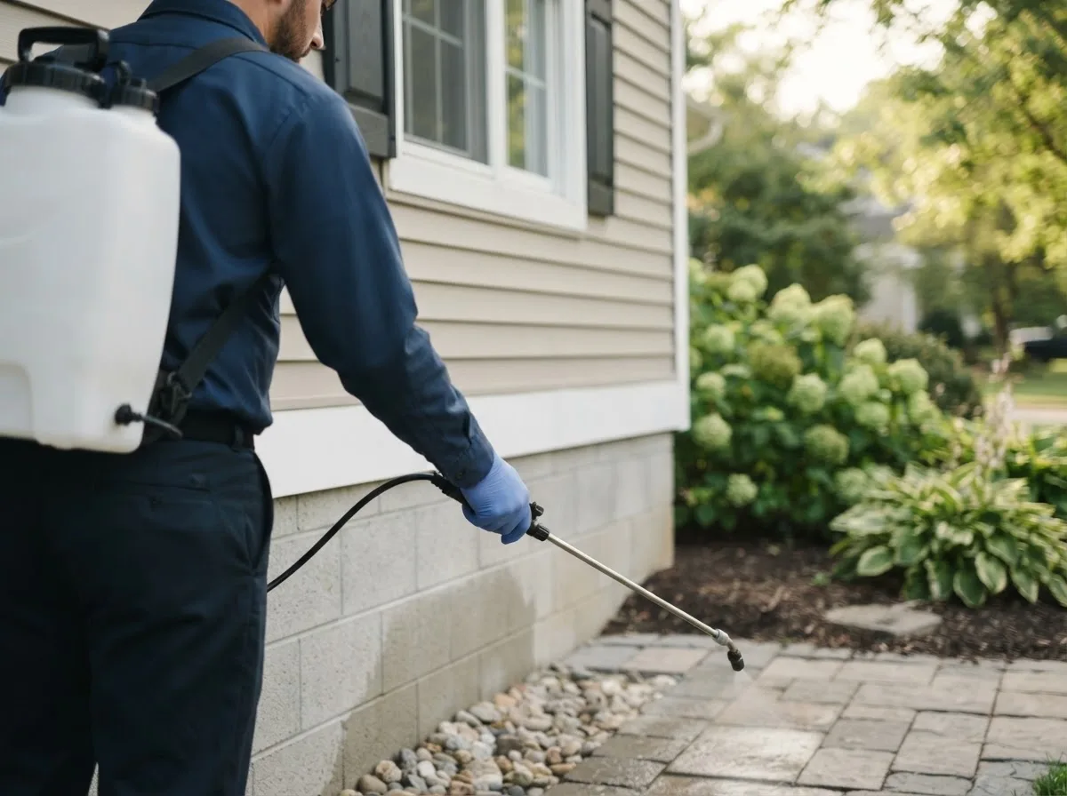 Pest control technician inspecting a home in Peggy, TX